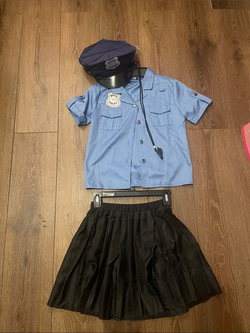 Kids Police Costume Set - Blue Shirt & Black Skirt. Hat and whistle included